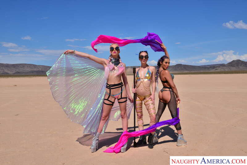 American Daydreams Christiana Cinn, Jade Nile, Kenna James porn scene 'Burning Dude at the playa and you get to fuck 3 chicks ' - Christiana Cinn, Jade Nile, Kenna James , and Kitty Glitter are posing in the desert.