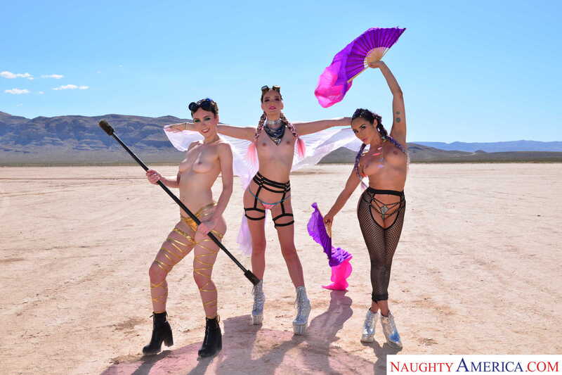 Scene from Naughty America Christiana Cinn, Jade Nile, Kenna James porn video 'Burning Dude at the playa and you get to fuck 3 chicks ' where Christiana Cinn, Jade Nile, Kenna James , and Naughty America.com