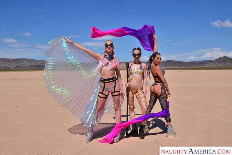 Scene from Naughty America Christiana Cinn, Jade Nile, Kenna James porn video 'Burning Dude at the playa and you get to fuck 3 chicks ' where Christiana Cinn, Jade Nile, Kenna James , and Naughty America.com