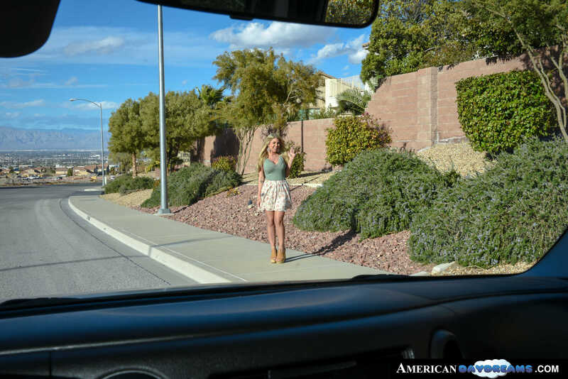 In the Kayla Kayden American Daydreams porn scene 'Hitchhiking babe, Kayla Kayden, reciprocates your good deed with some dick sucking and wet pussy', Kayla Kayden is walking down the sidewalk in a short skirt.