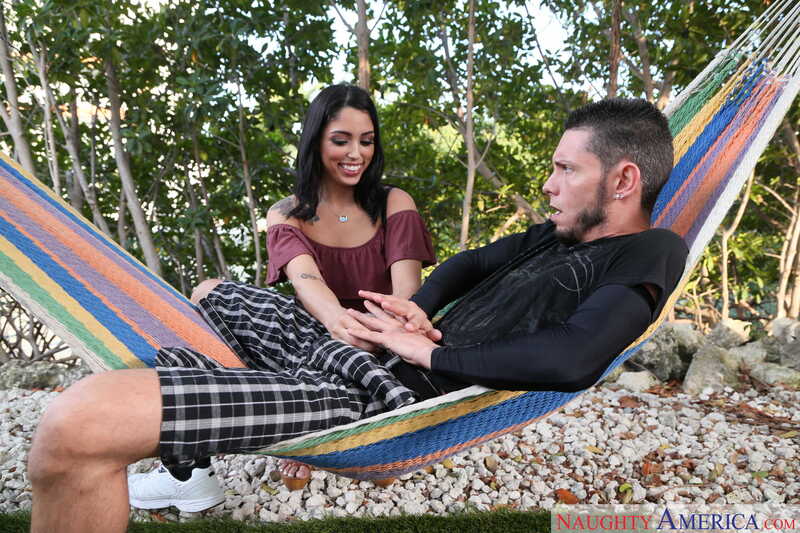 Latin Adultery Vanessa Sky porn scene 'Vanessa Sky fucking in the couch with her bubble butt' - Vanessa Sky is naked in a hammock with a man.