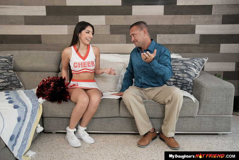 In the Madison Wilde Naughty America porn scene 'College babe Madison Wilde is in the mood for a mature cock to fill her tight pussy!' from My Daughter's Hot Friend, Madison Wilde is a cheerleader for her dad's hot friend.