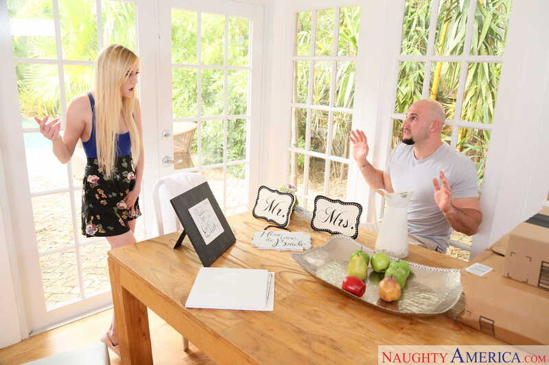 In the Chloe Foster My Friend's Hot Girl porn scene 'Chloe Foster fucking in the dining room with her small tits', Chloe Foster is talking to a man in a white shirt.