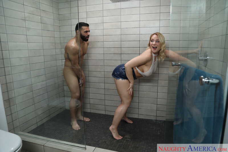 In the Hadley Mason Naughty America porn scene 'Hadley Viscara fucking in the bathroom with her tattoos' from My Friend's Hot Girl, Hadley Mason is naked in a shower with a man.