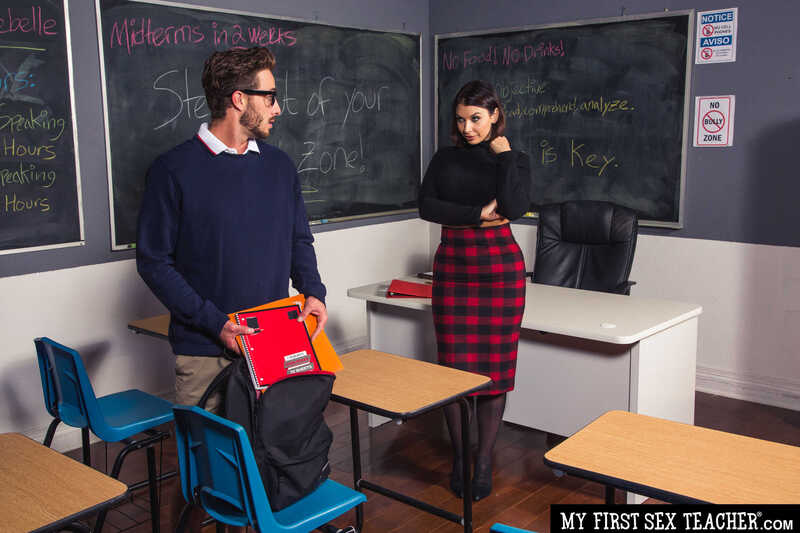 In the Ivy LeBelle My First Sex Teacher porn scene 'Ivy LeBelle fucks her A+ student', Ivy LeBelle is a teacher who is having sex with her students.