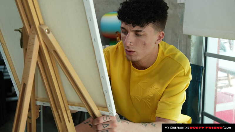 In the Sasha Pearl Naughty America porn scene 'Big Titted Latina Sasha Pearl Fucks And Sucks A Big Cock' from My Girlfriend's Busty Friend, Sasha Pearl is painting a picture in her studio.