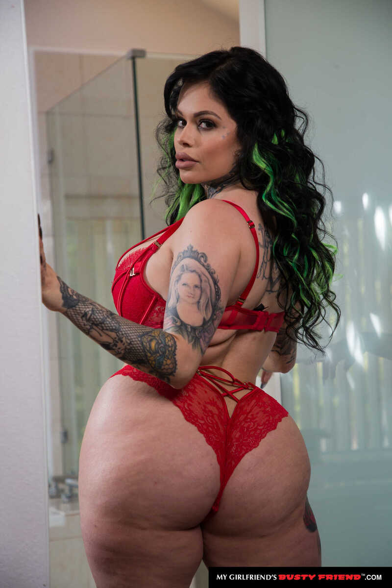 Naughty America Xwife Karen porn: Xwife Karen is a plus size model with green hair and a tattoo on her arm.