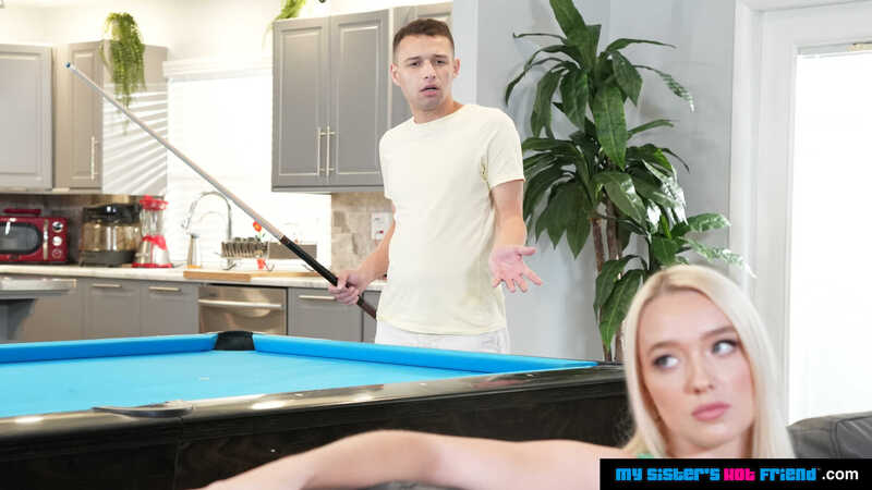 In the Juliette Mint My Sister's Hot Friend porn scene 'Petite blonde teen, Juliette Mint,discovers her friend's brother has a BIG dick and now she wants it!', Juliette Mint is playing pool with her boyfriend.