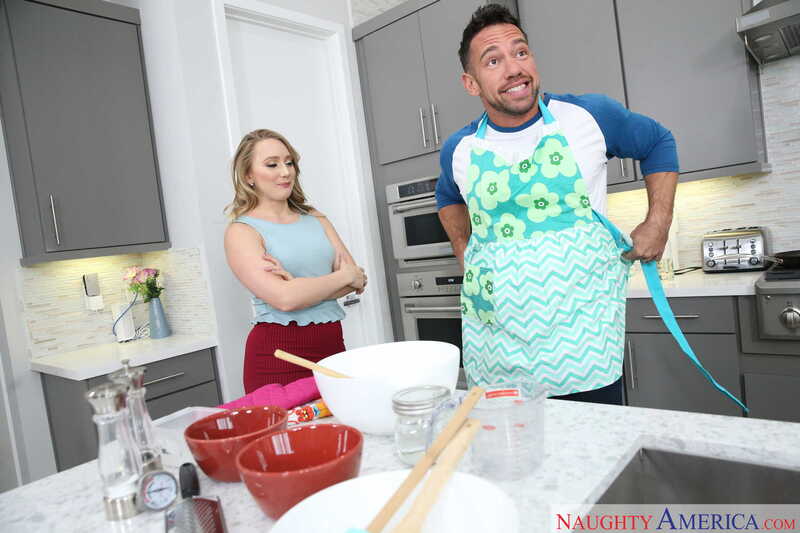 In the AJ Applegate Naughty America porn scene 'A.J. Applegate Whips Up a Creampie From a Married Man!' from My Wife's Hot Friend, AJ Applegate and Chef Jamie Geller cooking on Naughty America.com