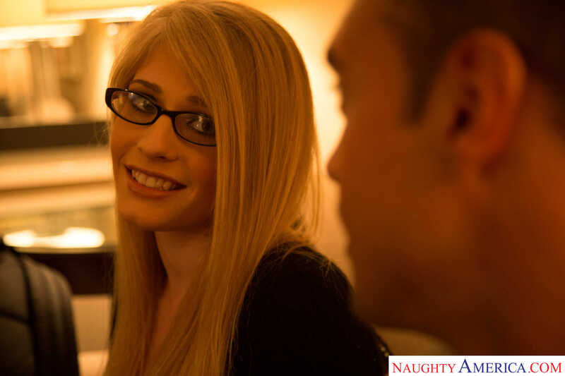 College Sugar Babes Allie James porn scene 'Semi-Reluctant college hottie, Allie James, meets her sugardaddy and gets right down to business ' - Allie James is a beautiful young woman with long blonde hair and glasses.