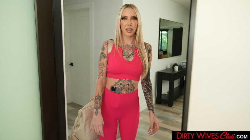 Dirty Wives Club Cassidy Luxe porn scene 'Wifey, Cassidy Luxe, gets a free hall pass to fuck whoever she wants for her birthday' - Cassidy Luxe is wearing a pink crop top and matching pants.