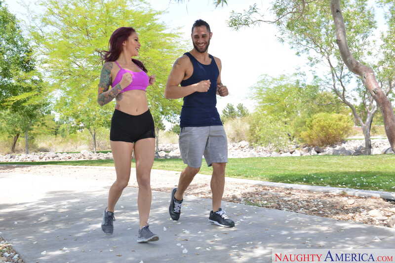 In the Monique Alexander Naughty America porn scene 'MILF Monique Alexander fucking in the bedroom with her tits' from Dirty Wives Club, Monique Alexander and her boyfriend are running in the park.