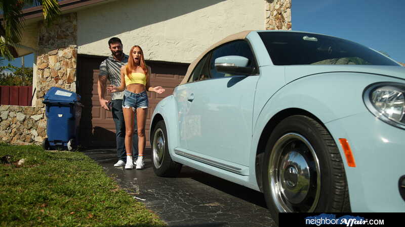 In the Khloe Kapri Naughty America porn scene 'Sexy neighbor Khloe Kapri gets a new car and a big hard COCK' from Neighbor Affair, Khloe Kapri and her neighbor are standing next to a light blue car.