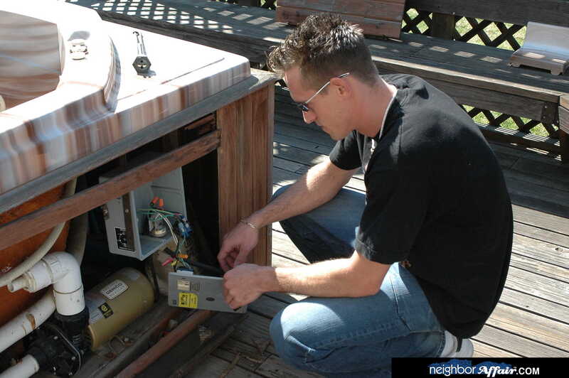 Scene from Naughty America Mika Tan porn video 'Mika Tan gets her big ASIAN ass fucked' where Mika Tan enbaum is fixing a sink on a deck.