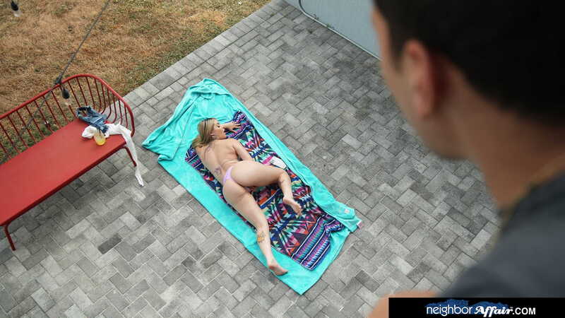 Neighbor Affair Nicole Aria porn scene 'Sexy neighbor Nicole Aria is hot and horny and looking to get some cock' - Nicole Aria is naked on a towel in the yard.