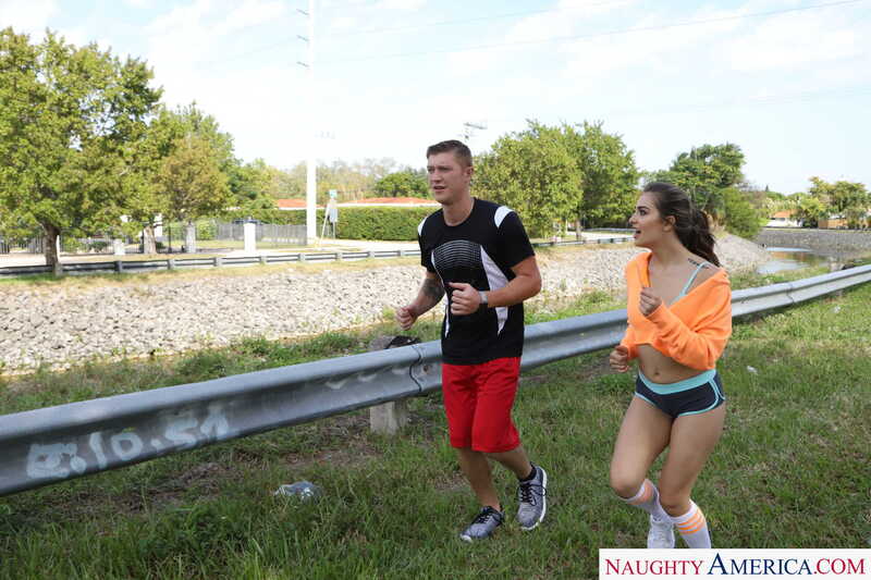 In the Sofie Reyez Naughty America porn scene 'Sofie Reyez enjoys some step brother cock' from Naughty America, Sofie Reyez and a man are running along a guardrail.