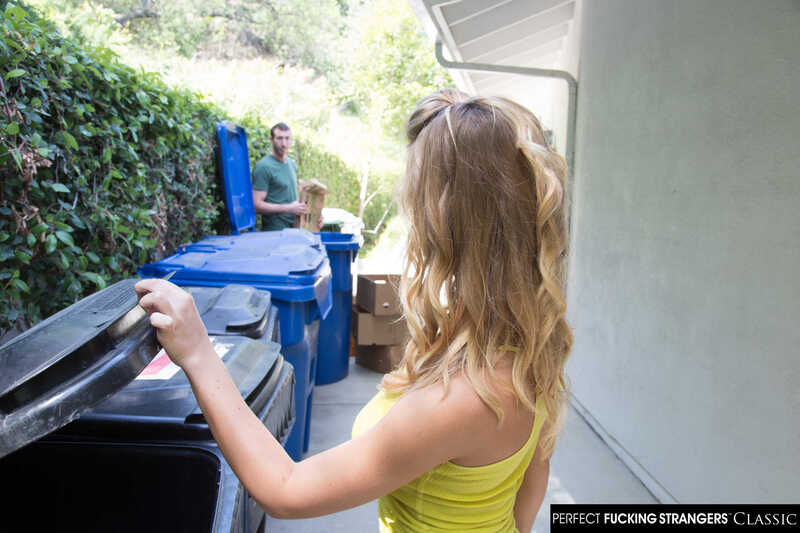 Scene from Naughty America Nicole Aniston porn video 'Nicole Aniston welcomes new neighbor with a hot sex session' where Nicole Aniston is opening a dumpster in a scene from Perfect F*cking Strangers Classic.