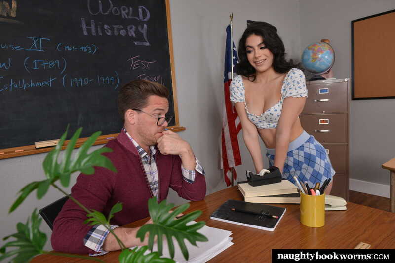 In the Angel Gostosa Naughty Bookworms porn scene 'Brazilian school girl Angel Gostosa takes a ride on her professor's big cock', Angel Gostosa is a sexy teacher who is teaching a class.