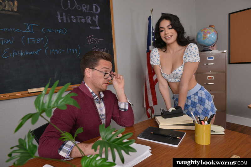 Scene from Naughty America Angel Gostosa porn video 'Brazilian school girl Angel Gostosa takes a ride on her professor's big cock' where Angel Gostosa is a sexy teacher who is teaching a class.