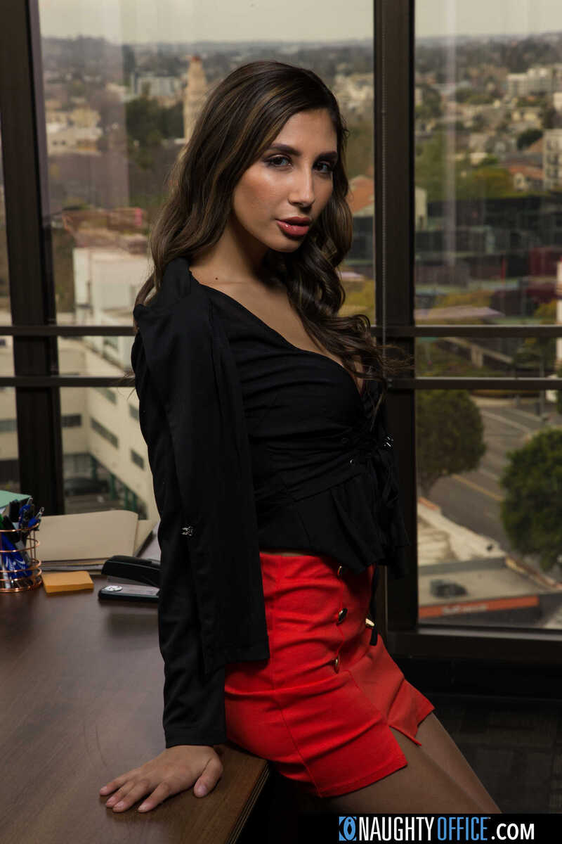 In the Gianna Dior Naughty Office porn scene 'Sexy Gianna Dior is horny in the office', Gianna Dior is wearing a red skirt and a  jacket.