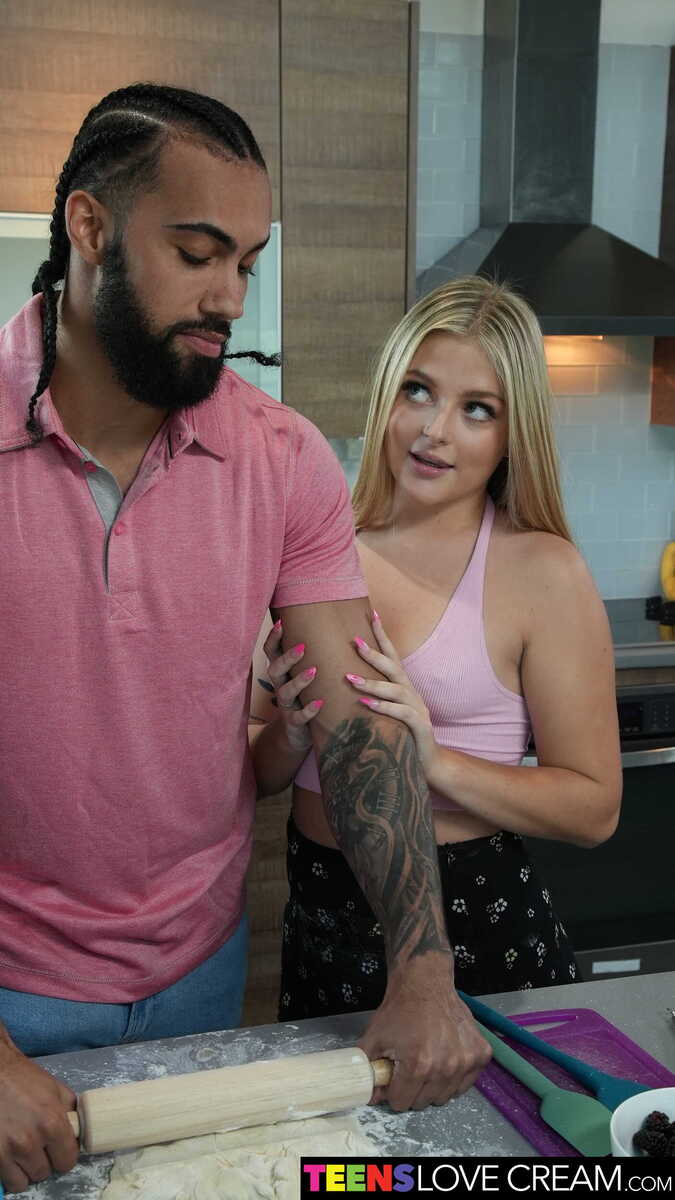 In the Jill Taylor Naughty America porn scene 'Cute blonde Jill Taylor loves her pie filled with cream' from Teens Love Cream, Jill Taylor is rolling out dough with her man.